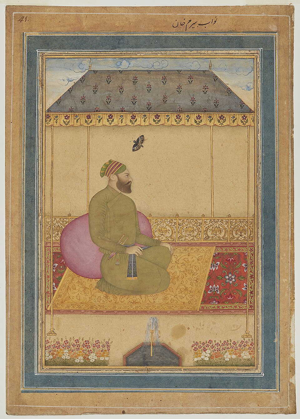 A Mughal album painting inscribed in Persian with the name Nawab Bairam Khan, showing a bearded nobleman in a striped turban and green robe seated cross-legged on a carpet under a canopy