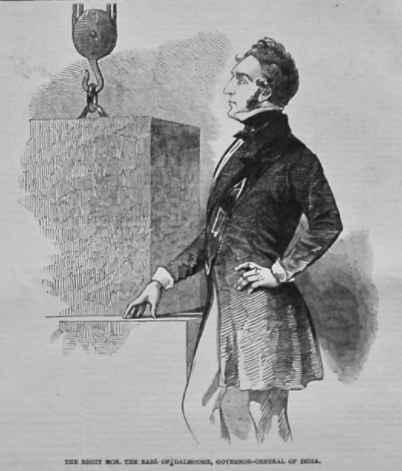 An 1849 engraved portrait of the Earl of Dalhousie, Governor-General of India, standing in a frock coat with one hand resting on a foundation stone suspended from a hoist