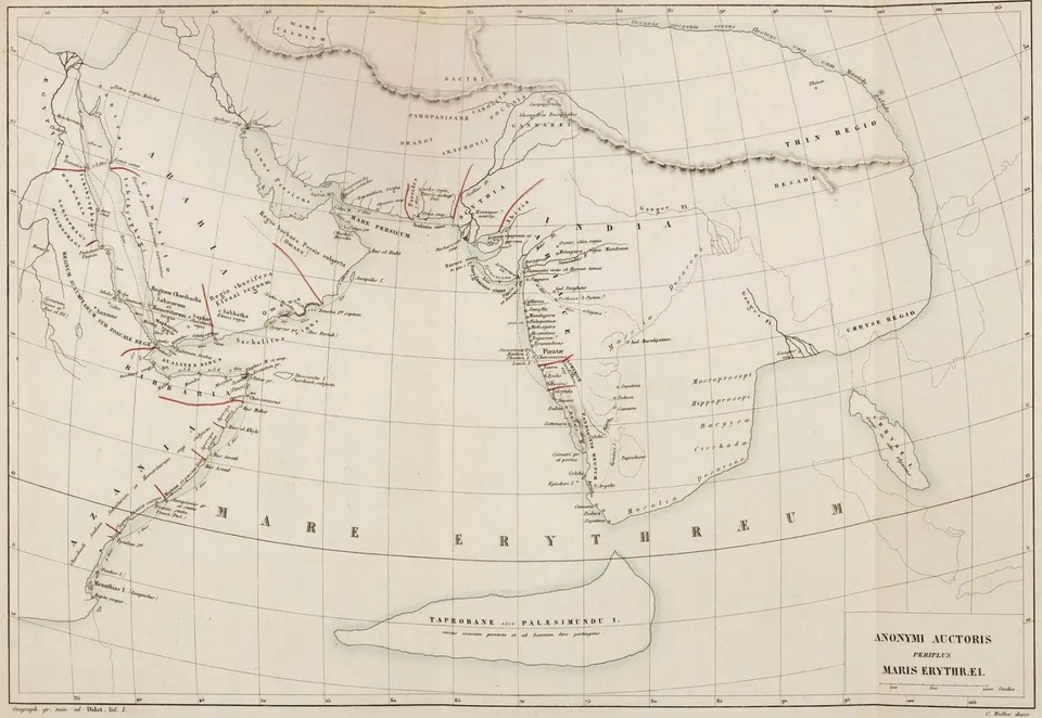 A 19th-century scholarly map titled 'Anonymi Auctoris Periplus Maris Erythraei', showing Arabia, the Persian Gulf, the east African coast, India and Taprobane around a sea labelled MARE ERYTHRAEUM, with ancient port names marked along the coasts