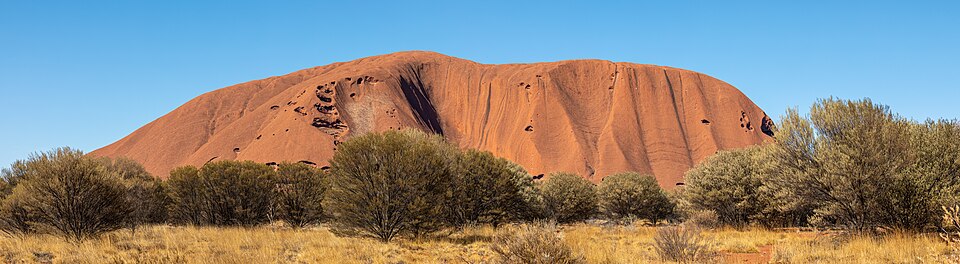 The long red sandstone dome of Uluru rising above flat scrub and yellow spinifex grass under a clear blue sky