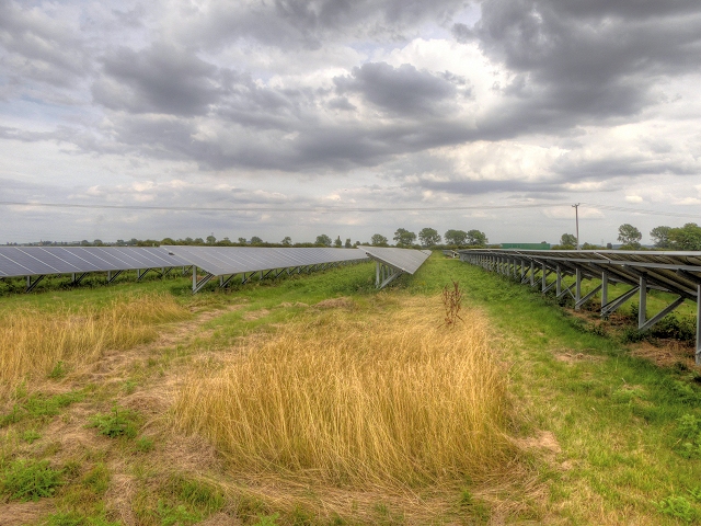 Long parallel rows of tilted dark solar panels on low metal frames covering a grassy field, running to the horizon under a cloudy sky